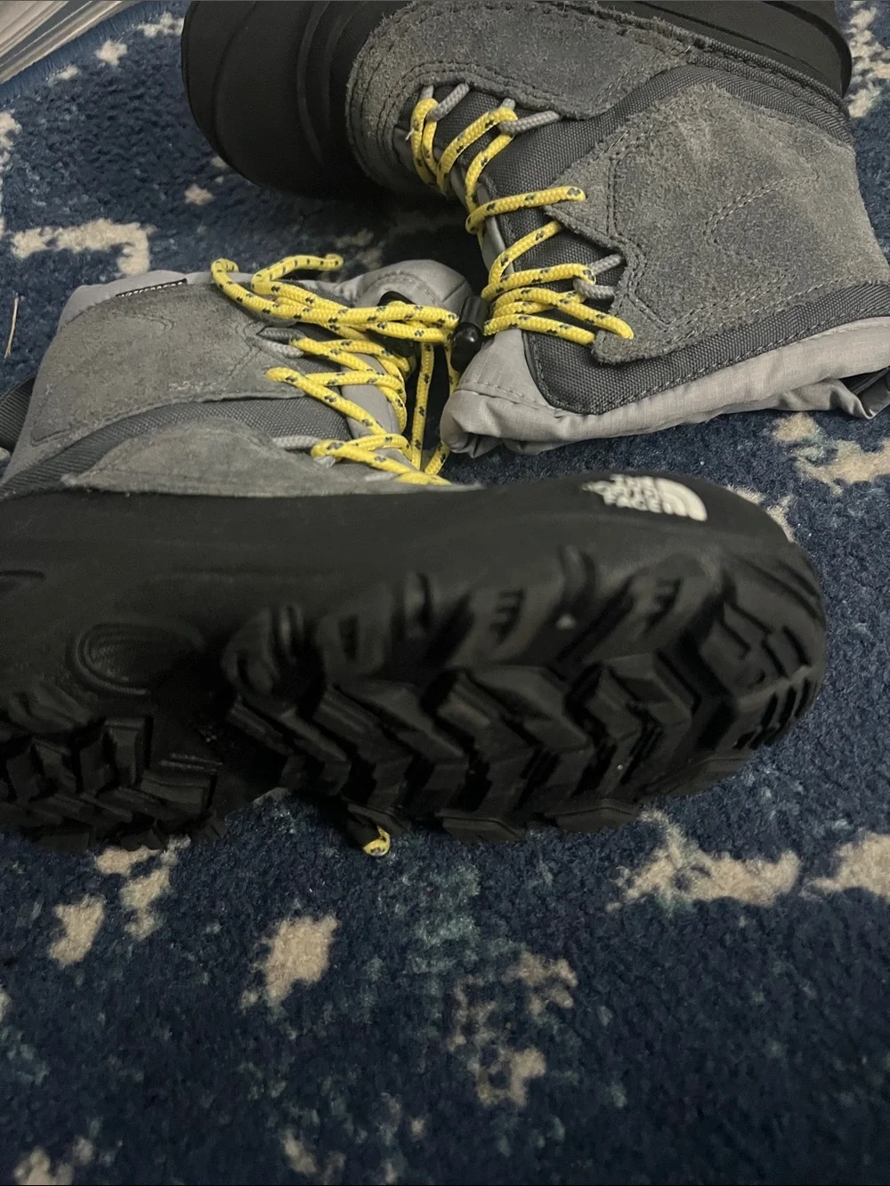 The North Face Kids Gray Suede Winter Boots with Yellow Laces